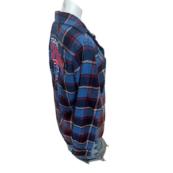 Chicago Cubs Baseball Plaid Flannel Shirt SMALL Oversized Shacket Unique Upcycle - Picture 3 of 6